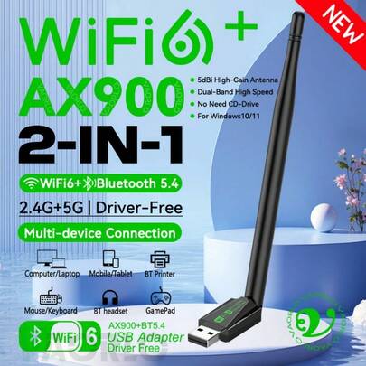 KZ AX900 WIFI6 USB适配器，二合一蓝牙5.4双频2.4G和5GHz，900Mbps WiFi 6 802.11AX高速无线网卡接收器，4根天线，USB3.0接口，兼容PC/笔记本电脑，Windows 10/11，即插即用