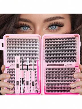640pcs Eyelash Extension Kit, DIY Eyelash Extension Set, Individual Lash Cluster Kit, D Curl Eyelash Extension Set, Includes Adhesive, Sealant And Eyelash Extension Tools, Suitable For Daily Use, Travel, Beginners, Weddings, Dates, Parties, Festivals, Great For Christmas/Halloween/Gift Eyelash Set
