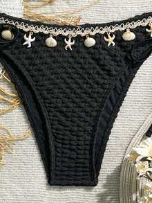 2025 New European & American Sexy Starfish & Shell Tassel Bikini Swimsuit Women, Cross-Border Set, Patchwork Letter Stripe Applique Knot Rhinestone