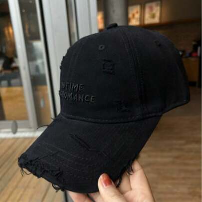 1pc Letter Embroidered Distressed Baseball Cap, Women, Oversized Wide Brim Soft Top Sun Hat