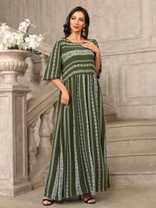 条纹几何印花正式晚礼服 - 軍綠色 - 查看 4