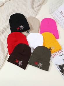 Unisex Spider Web Embroidered Knit Beanie Hat, Suitable For Holiday And Daily Wear