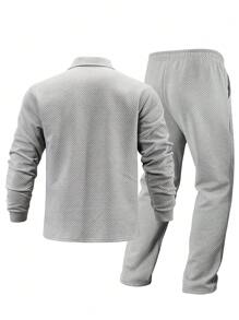 2 Pieces Set Men's Jacquard Collar Half Zip Sweatshirt And Ankle Cuffed Pants, Matching Outfit - Grey - View 2