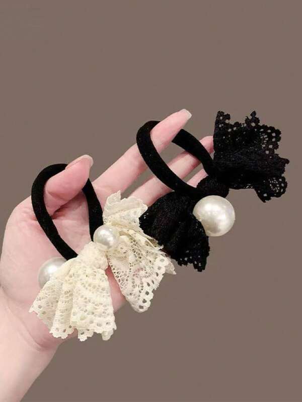 2pcs Retro Faux Pearl Hair Scrunchies With Bow Hair Tie Ropes, Hair Accessories, Ponytail Holders, Hair Elastics, Hair Rubber Bands, Hair Rope