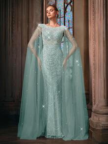 LUVISTRUE Mode Design Damen Pailletten Abendkleid mit Perlen besetztes Abendkleid für Abendpartys, Wohltätigkeitsveranstaltungen, Galas, Champagner Farbenes Mesh Langes Kleid, Geburtstagskleid