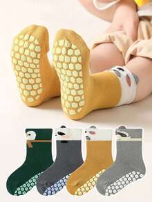 4 Pairs Baby Cartoon Animal Anti-Slip Indoor Socks With Rubber Dots, Soft Sole Toddler First Walking Shoes For Boys And Girls, Suitable For Casual Daily Life