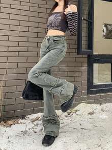 Solid Color Casual Washed Denim High Waist Women Jeans, Everyday Wear All Season - Blue - View 4