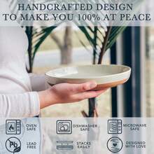 Mora Ceramic Flat Pasta Bowl Set Of 4-35oz, Microwave Safe Plate With High Edge For Kitchen And Eating, Large Wide Bowls/Plates For Serving Dinner, Salad, Etc- Neutrals,8058797