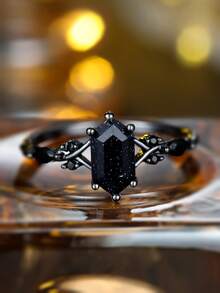 Tsnamer 1枚星空六边形切割立方氧化锆订婚戒指，复古黑金簇镶戒指，女士黄金首饰，生日礼物 - 戒指 - 查看 6