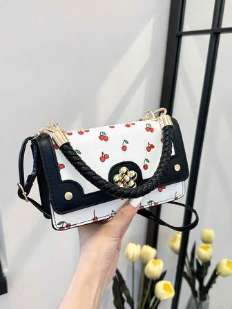 新款时尚樱桃图案迷你方形翻盖包，编织手提包，可调节斜挎包，适合女性日常和学生休闲使用
