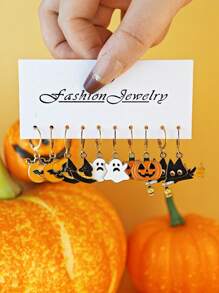 10件/30件万圣节系列新款暗黑风格卡通锌合金珐琅南瓜、蝙蝠、鬼魂、死神、黑猫耳环套装，万圣节首饰礼物 - 彩色 - 查看 3