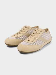 2025 秋季女式网眼平底凉鞋，休闲运动鞋轻便透气跑步鞋软底舒适学生运动鞋，夏季 - 卡其色 - 查看 1