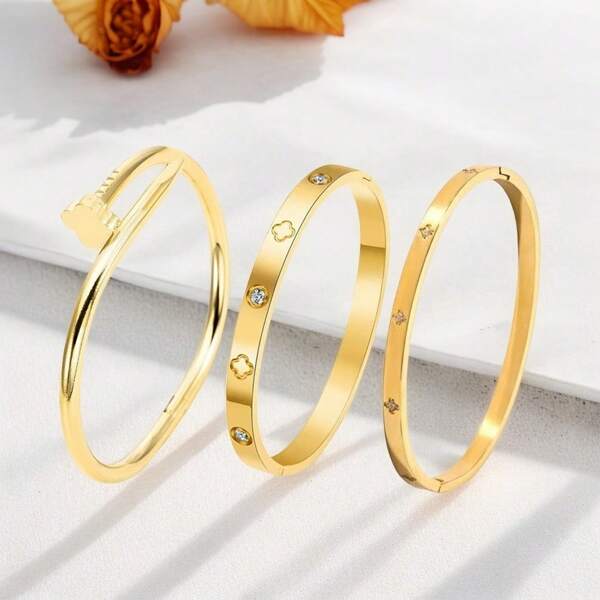 1pc Titanium Steel Four-Leaf Nail Bangle Bracelet, Fashionable Floral Design, Non-Fading, Versatile, Suitable For Women