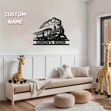 1PC Custom Train Metal Sign, Personalized Steam Locomotive Design Wall Art For Nursery Decor, Railroad Enthusiast Gift, Metal Hanging Plaque With Smoke Detailing, 2D Flat, Perfect For Kids Boys Girls Children's Room Classroom Decor,For School Supplies,Back To School - Black - View 1