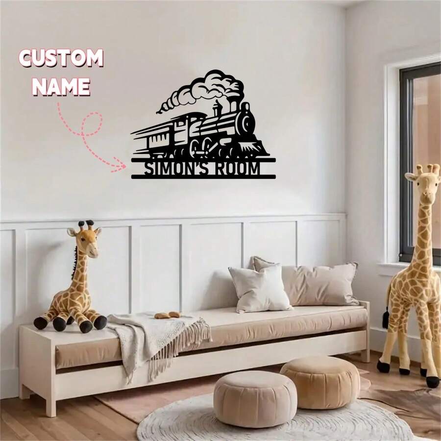 1PC Custom Train Metal Sign, Personalized Steam Locomotive Design Wall Art For Nursery Decor, Railroad Enthusiast Gift, Metal Hanging Plaque With Smoke Detailing, 2D Flat, Perfect For Kids Boys Girls Children's Room Classroom Decor,For School Supplies,Back To School - Black - View 1