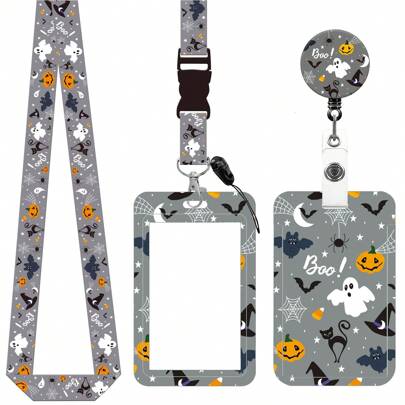 43 piezas Enrollador retráctil de insignia de Halloween, Cordón con estampado de calabaza y fantasma, Portaidentificación, Insignia de enfermera