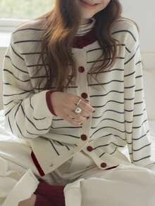 Women's Autumn/Winter Casual Striped Contrast Color Design Knit Cardigan - Beige - View 3