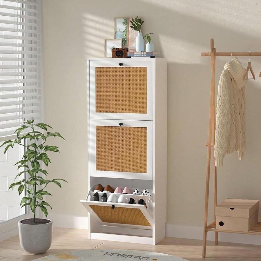 Yvsevnr Rattan Shoe Cabinet Narrow Shoe Cabinet 3 Flaps, Wooden Shoe Cabinet, Hallway Narrow for 18 Pairs of Sho, Space-Saving, for Entrance, Entrance Area, Hallway - Bildfarbe - Übersicht 1