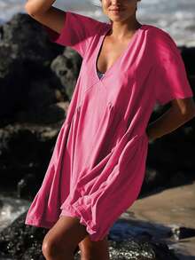 Women Summer T Shirt Dress Short Sleeve Mini Loose V Neck Flowy Pocket Sundress Casual Beach Loungewear Sporty - 玫瑰紅 - 查看 5
