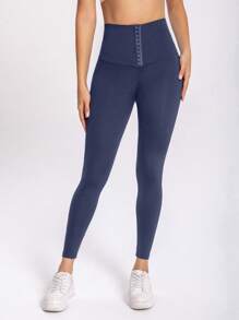 2 peças de calças de ioga de cintura alta para mulheres, leggings justas com detalhes de botão para esportes ao ar livre, ciclismo, academia