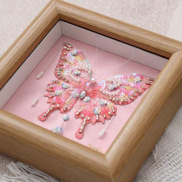 Pink Butterfly Embroidery Kit DIY Painting With Frame