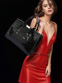 New Crocodile Embossed Handheld Tote Bag With Accessories - Black - View 6