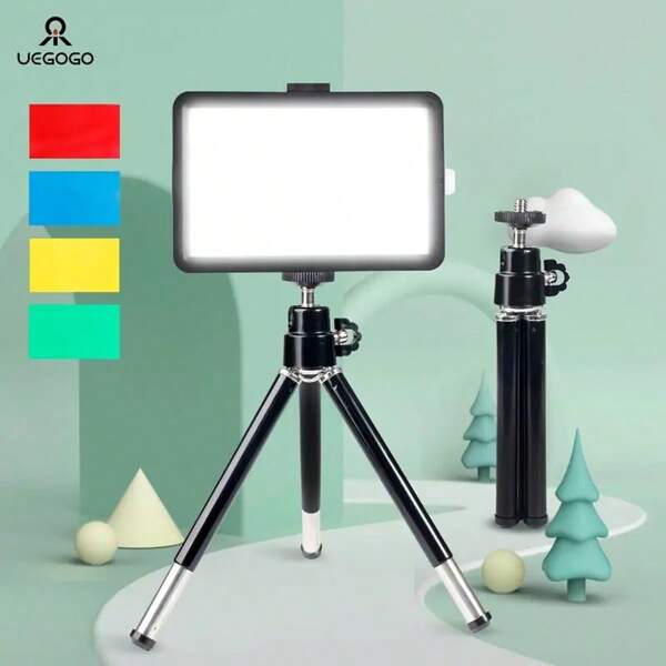 UEGOGO 6 Inch USB LED Video Light Kit With Adjustable Tabletop Tripod And Color Filter Fill, Portable Square Fill Light, Perfect For Tabletop/Low Angle Shooting, Zoom Calls, Game Streaming And Photography Suitable For Photography, Video Recording, Live Streaming, Zoom Meeting, Vlogging, With Stand Selfie Light Phone Light