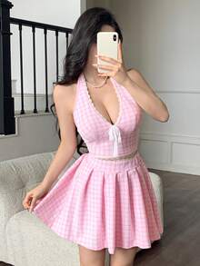 2pcs/Set Pink Lace Sexy Deep V-Neck Tie-Up Backless Top & Pleated Tennis Skirt, Made Of Jacquard Knit Fabric, Casual Sporty Style, Young & Sexy Girl Look, Spring/Summer New Women Outfit - Pink - View 3