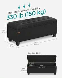 Storage Ottoman, Storage Bench, Tufted Entryway Bedroom Bench, 17.7 X 46.5 X 17.7 Inches, Hinges Easy Lid Operation, Wooden Legs, Synthetic Leather, Loads 330 Lb, Classic Black ULOM071B01,8059554 - 淺藍色 - 查看 2