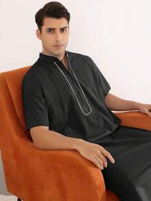 Men's Loose Fit Short Sleeve Nightgown Stand Collar Zipper Long Nightshirts - Black - View 2