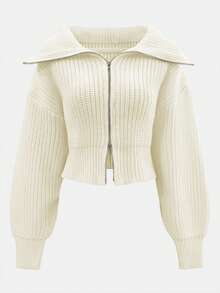 Cardigã curto de malha canelada, versátil, de cor sólida, com gola dobrável e zíper duplo, ideal para o outono/inverno. - Branco - Ver 4
