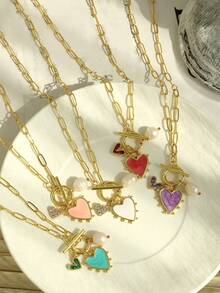 1 Piece Women's Heart Necklace, Copper Drip Oil Heart Hollow Out Lucky Straw Circle Clasp Necklace, Gold Heart Pendant Necklace, Chunky Faux Gold Chain, Birthday Gift Holiday Gift (Hand-Cut, Four-Leaf Clover Colors And Zirconia Are Randomly Selected. Pendant Can Be DIY ) - Multicolor - View 8