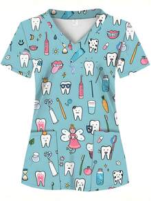 2 poches Top de Scrub pour femmes, doux, respirant, pratique. Chemise de Scrub convenant aux professionnels de la santé. Chemise de Scrub adaptée aux hôpitaux, cliniques dentaires, salons de beauté et institutions, tenue de travail d'infirmière, Scrub infirmier - Bleu azur - Voir 1