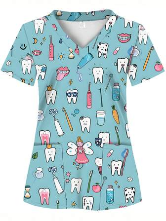 Blue Teeth Print Scrub Top With 2 Pockets, Soft, Breathable And Practical Uniform Shirt For Healthcare Professionals, Suitable For Hospitals, Dental Clinics, Beauty Salons And Institutions, Nurse Workwear
