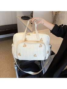 新款时尚妈妈手提包，韩版刺绣单肩斜挎包，大容量刺绣泰迪尿布包，适合学校，学校配件，学校用品，旅行必需品，假日度假包，行李箱，旅行包，女士 - 米色 - 查看 5