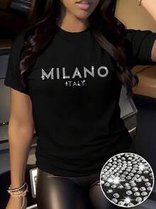大码女式水钻装饰闪光圆领短袖 T 恤，闪光“意大利米兰”标语闪亮节日派对礼物上衣，适合所有季节