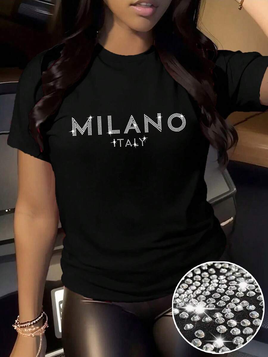 大码女式水钻装饰闪光圆领短袖 T 恤，闪光“意大利米兰”标语闪亮节日派对礼物上衣，适合所有季节