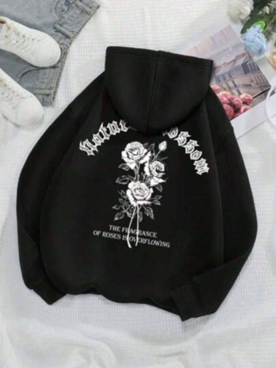 Sudadera con Capucha casual activa para mujer con bolsillo canguro y estampado de Rosas Blancas - Tejido de punto de poliéster, con capucha, ligera elasticidad, sudadera para todas las estaciones - Negro - Ver 1