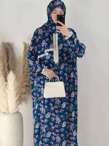 1 套柔软加大码穆斯林服装，碎花薄纱头巾，蕾丝拼接袖口上衣，腰部 + 长裙，女士长袍
