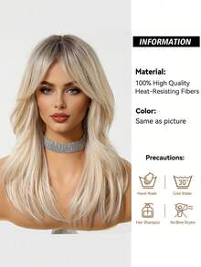Ombre Blonde Layered Straight Wigs Dark Roots With Bangs Shoulder Synthetic Fashion Style Lightweight Beginner Friendly Wigs For Woman Daily, Party, Valentine'S Day, Carnivals, Music Festival And Cosplay Used - 漸層 - 查看 3