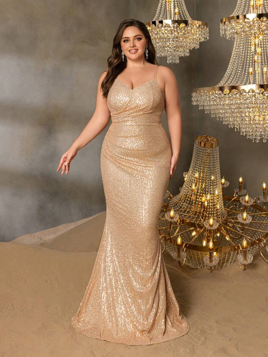 Faeriesty Robe de soirée élégante et galbée grande taille avec fines bretelles, dos noué sexy et jupe sirène flatteuse - Confectionnée pour un glamour ultime, idéale pour les galas, les bals de charité, les mariages Top de gamme, les banquets d'entreprise et les tapis rouges - Champagne - Voir 1