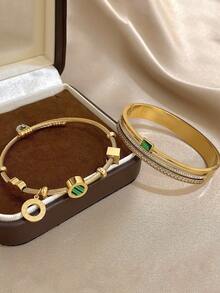 Conjunto de Joias de Pulseiras Rígidas Retro de Luxo em Aço Inoxidável Dourado com Zircónia Verde para Mulher, Elegante para Uso Diário/Verão/Festa, Presente para Mãe, Dia dos Namorados e Aniversário - Multicolorido - Ver 6