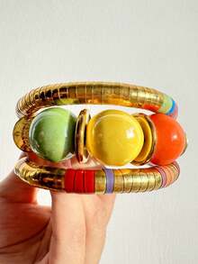 1 件彩色木质螺旋和黄色树脂手链，夏季假日装饰手链 - 彩色 - 查看 6