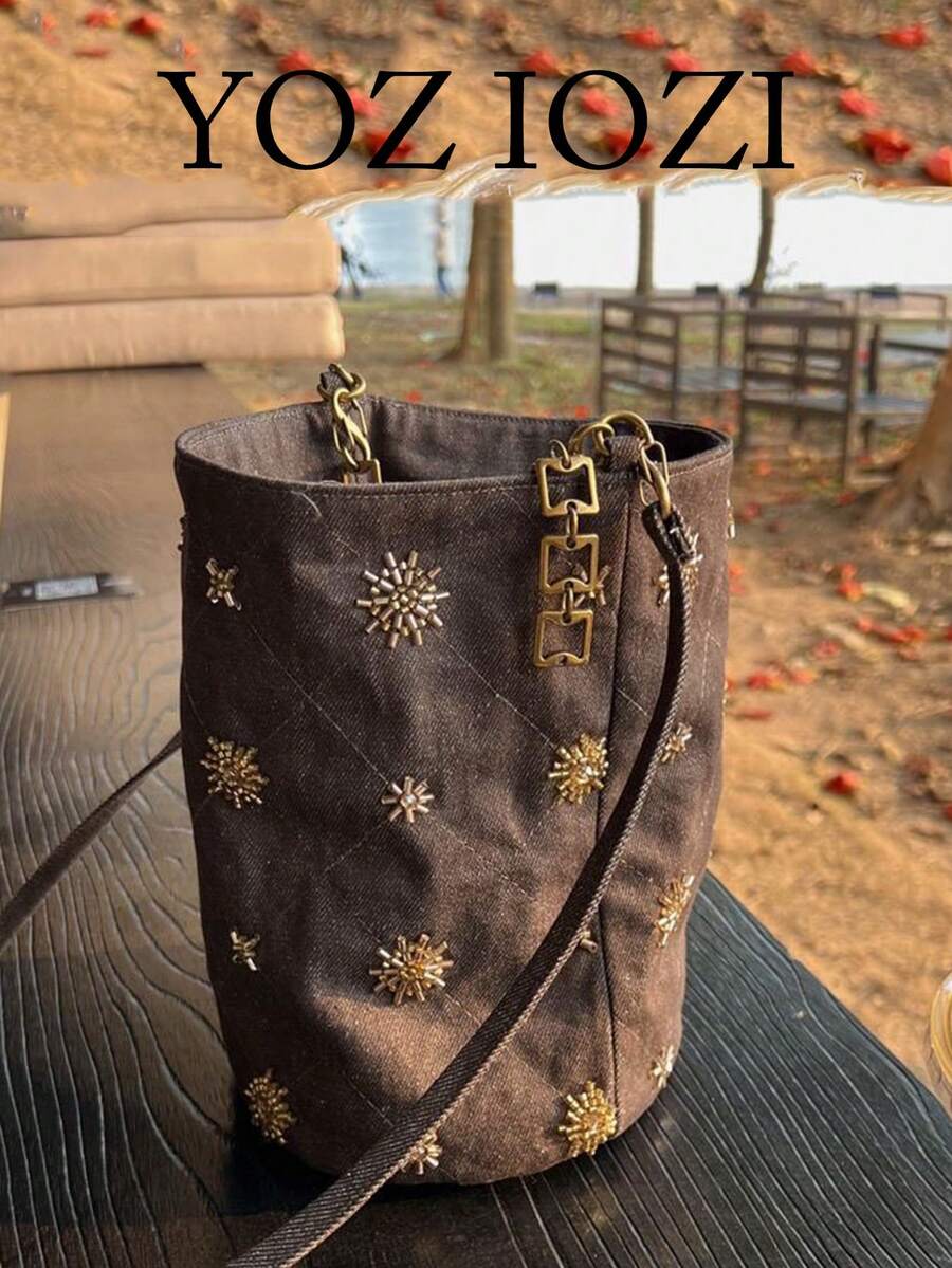 小眾設計珠飾刺繡水桶包 夏季丹寧質感單肩包 新中式時尚百搭 通勤逛街購物女款斜挎包 - 棕色 - 查看 1