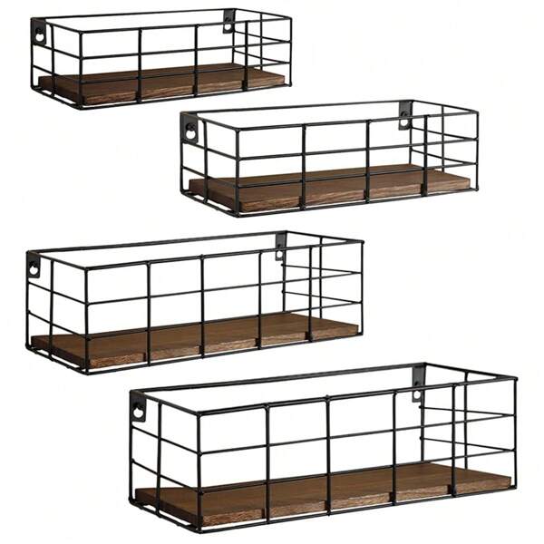 Wandgemonteerde opbergrekkenset van 4, kerstdecoratieve planken, zwevende planken met metalen draadmand, duurzame organizer met houten basis, multifunctionele hangplanken voor keuken, badkamer, wasruimte, winterse opbergaccessoires voor thuis, multifunctionele rekken