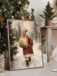 1pc Vintage Santa Claus Sketch, Santa Claus Backpack Wrapped Canvas Poster, Retro Santa Wall Art, Vintage Santa Reindeer Print, Rustic Christmas Printables, Santa Claus Painting, Bedroom Decor, Living Room Decor, Office Decor Home Decor Christmas Decorations