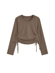 Spring Korean Style Fitted Round Neck Drawstring Design Long Sleeve T-Shirt Top For Women