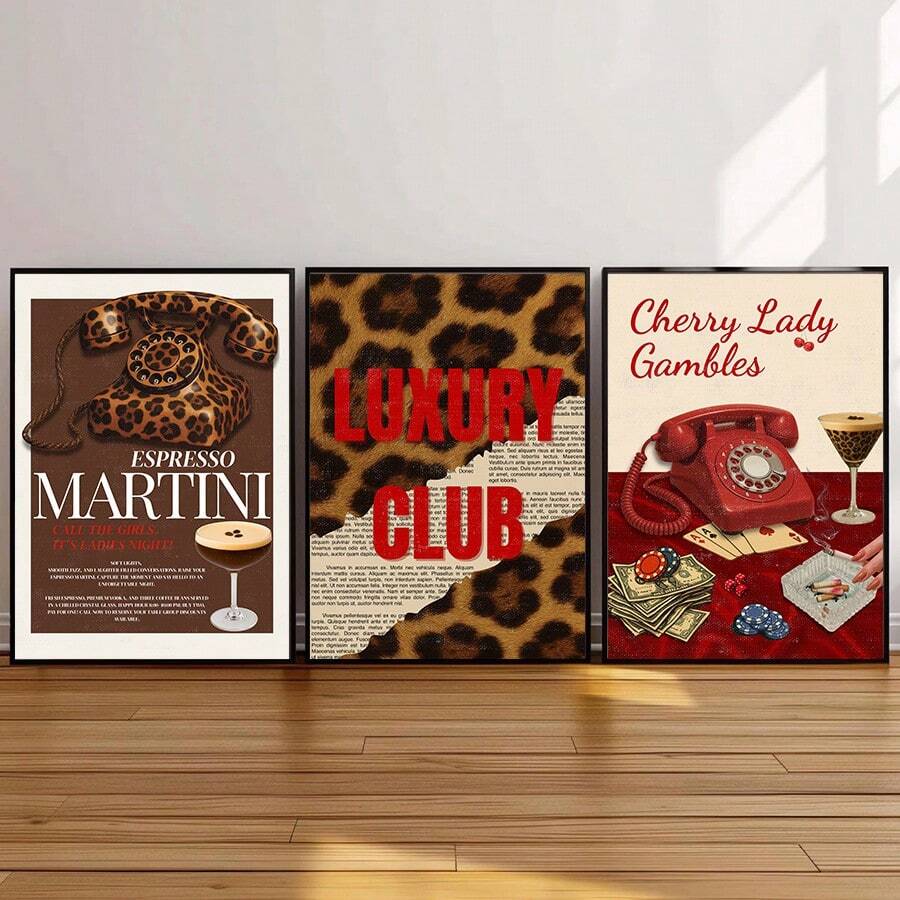1/3 Stücke Espresso Martini Zeitungskunst Bild Vintage Cocktail Drucke Leinwandbilder Ästhetischer Leopard Poster Mädchen Ästhetik Y2k Dekoration für Schlafzimmer, Wohnzimmer oder Studentenzimmer Geschenk für sie, Ohne Rahmen