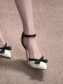 秋冬法式优雅尖头蝴蝶结高跟鞋女鞋，2025夏季新款搭扣凉鞋，优雅派对风。 - 白色 - 查看 3