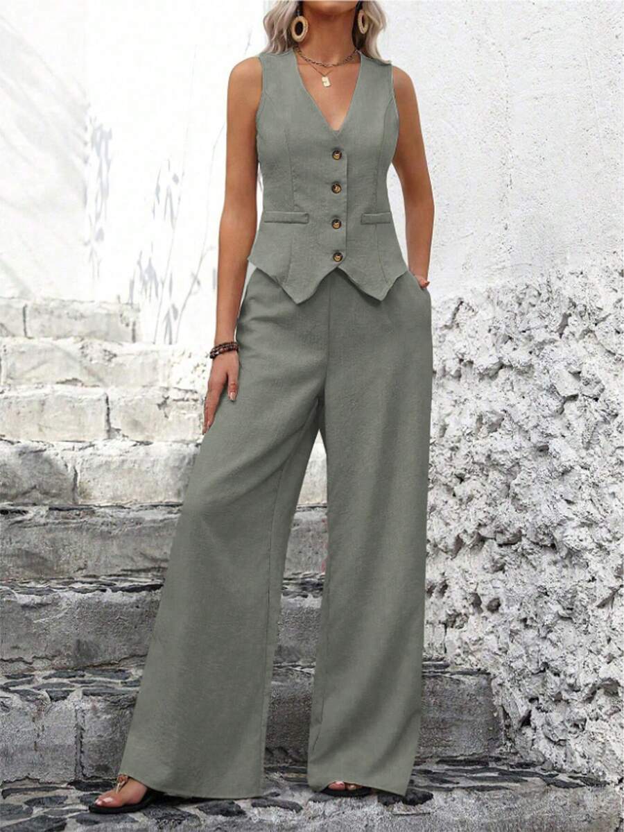 Effortlessly Chic Sleeveless Vest And Wide Leg Pants Set - Green - View 1